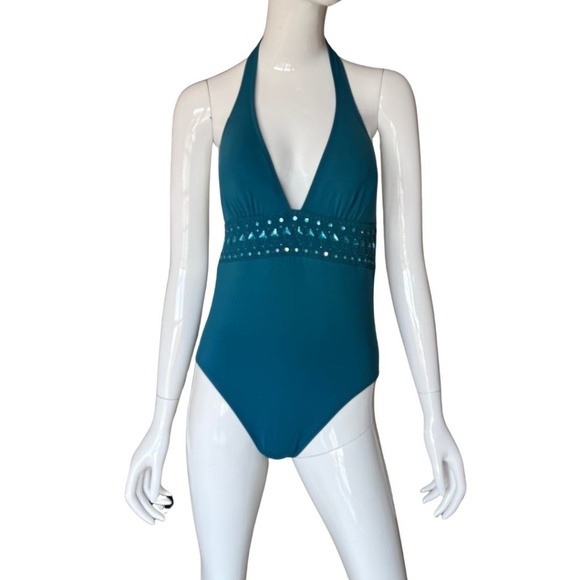 DKNY Teal Green Halter Rhinestone Studded Swimsuit Sz 10 NWT & Cover-Up Dress L - Picture 10 of 14